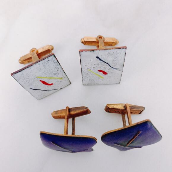 VTG Mid-Century Enamel Copper Cufflinks Abstract Modernist 50s 60s 2 Pair Set - Picture 2 of 9